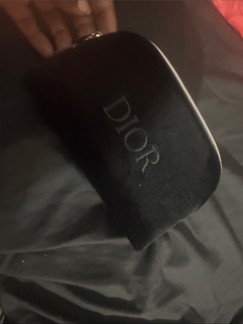 Dior Black Velvet Embossed Zip Pouch
